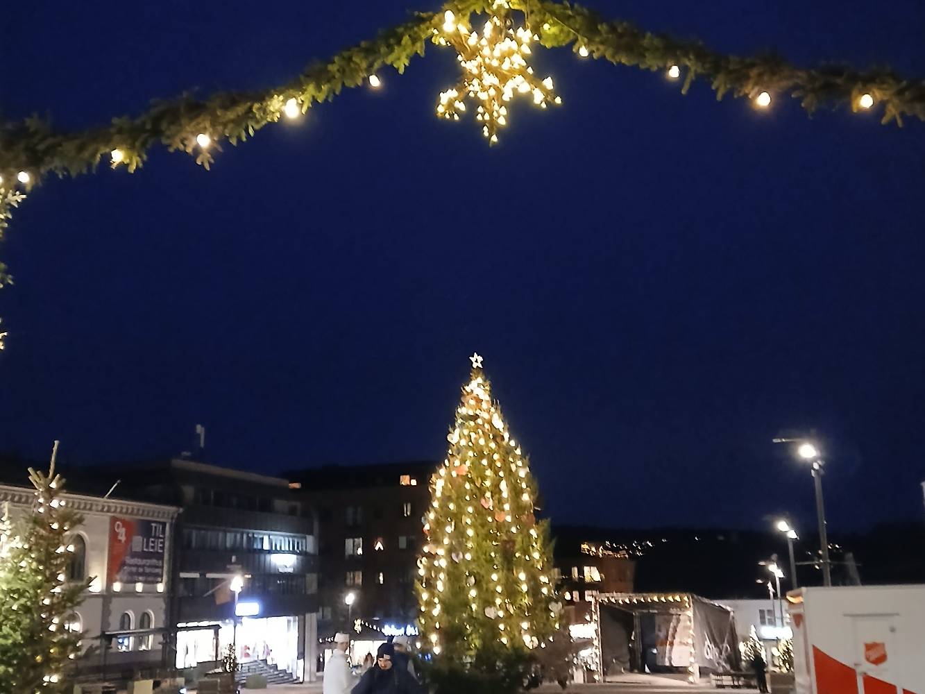 Christmas tree and lights in the town square.