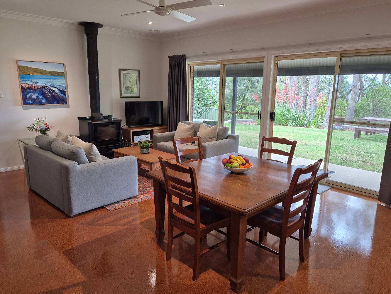 Living room with wood fireplace