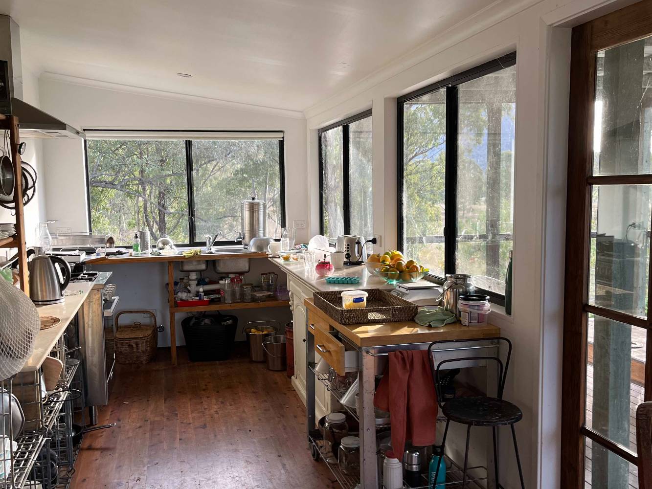 The kitchen, while you wash up you can birdwatch, I keep binoculars at hand. The dam is below and reflects the light beautifully. There are ducks and waterbirds. And yabbies, you cant see them but they attract birds.