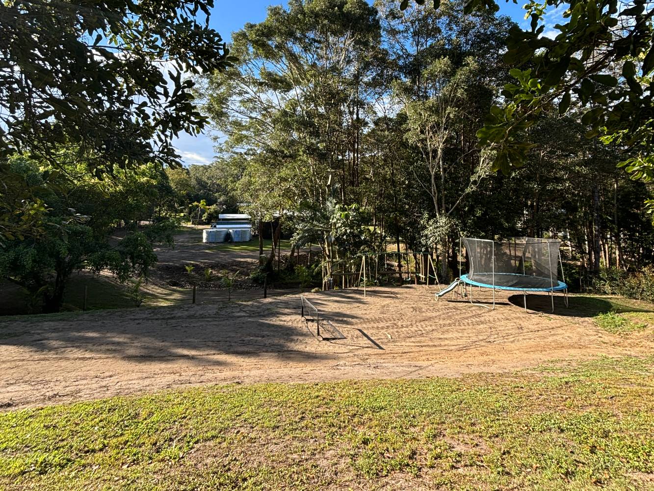 Top block, fenced acre, trampoline, soccer pitch & swings